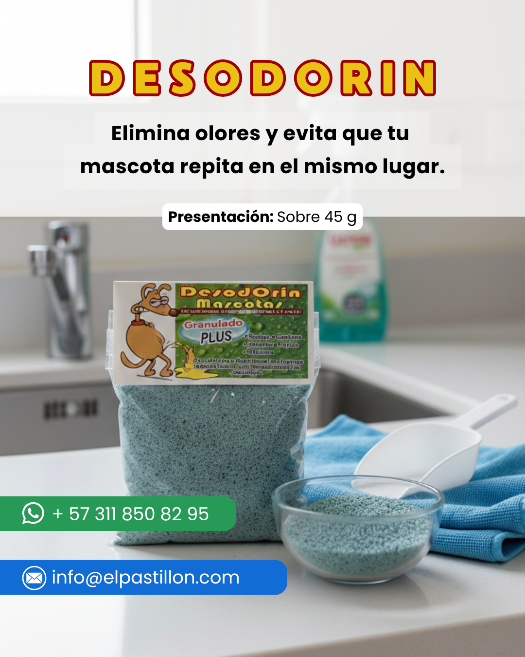 Desodorin granulado para eliminar olores de mascotas y evitar que perros o gatos orinen en el mismo lugar en Bogotá.