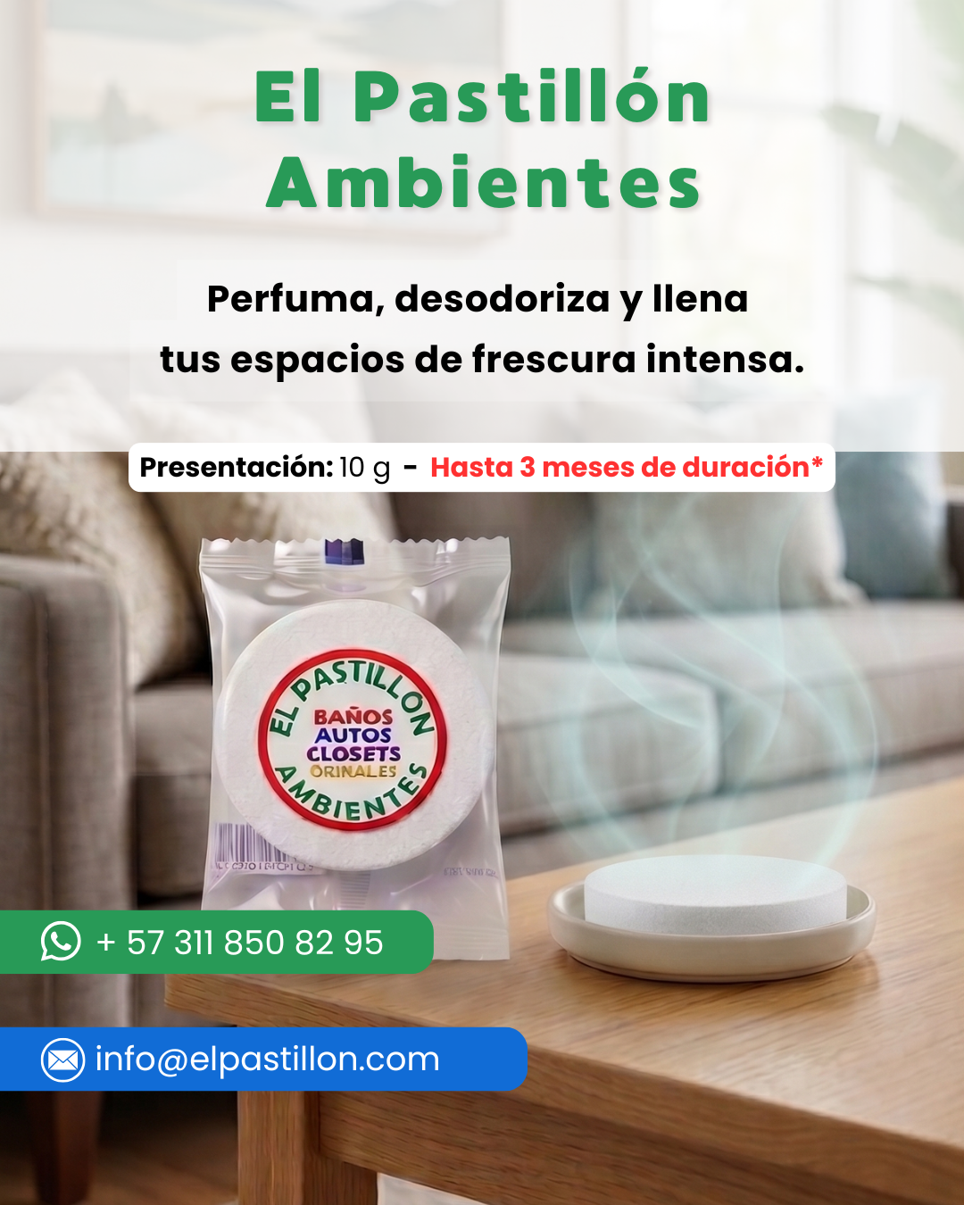 Pastilla aromatizante El Pastillón Ambientes para perfumar y desodorizar baños, autos y closets en Bogotá.