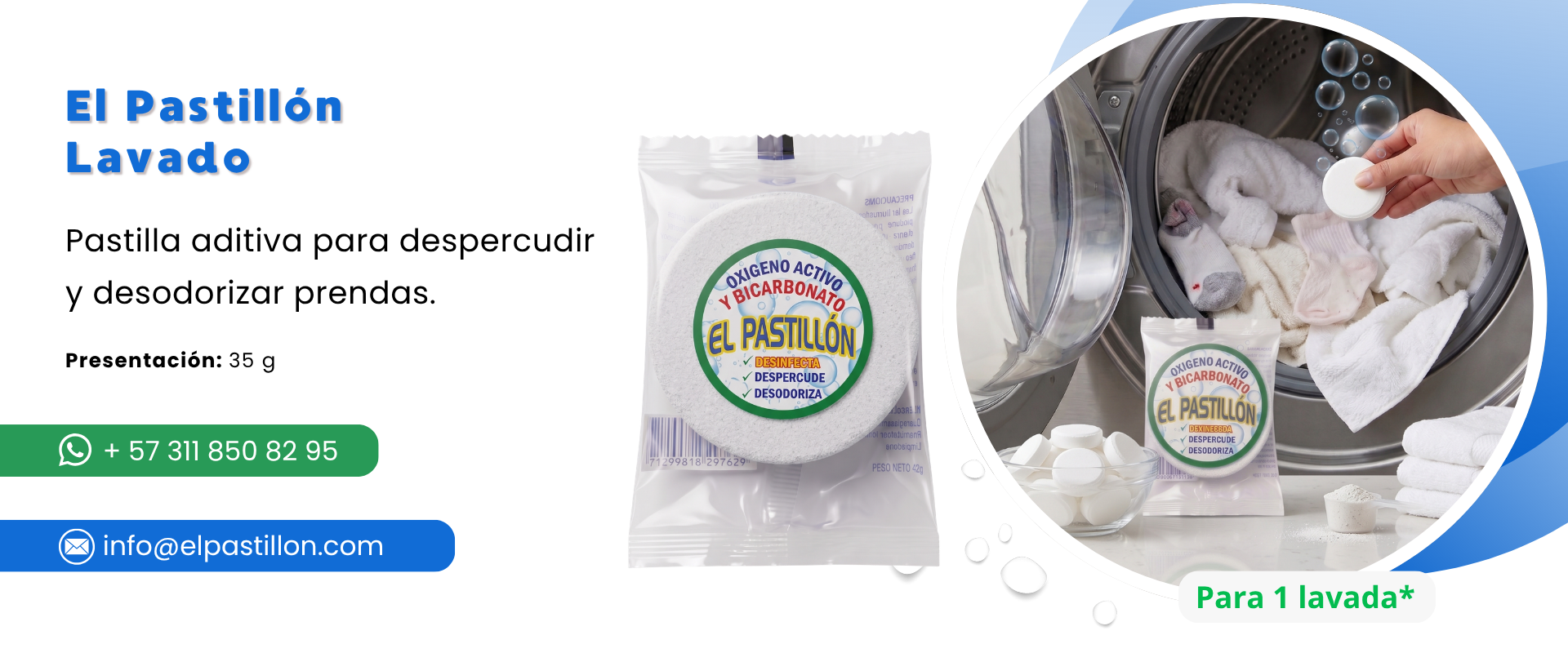 Banner de pastilla aditiva El Pastillón Lavado para despercudir y desodorizar prendas en Bogotá.