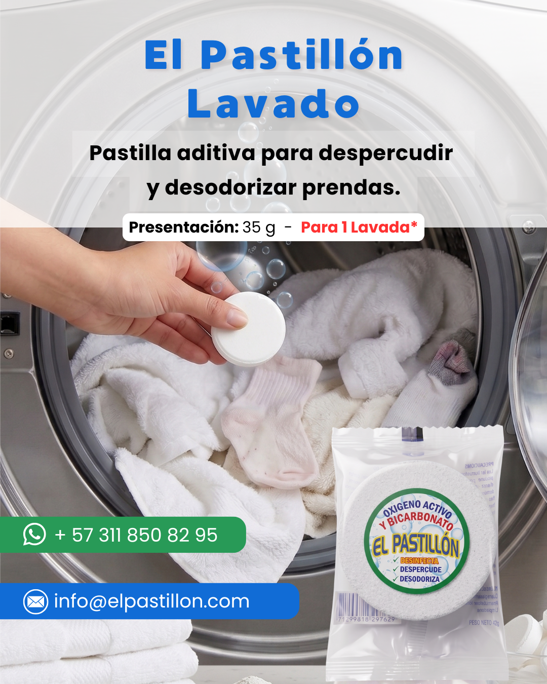 Pastilla aditiva El Pastillón Lavado para despercudir, desodorizar y desinfectar prendas en Bogotá.