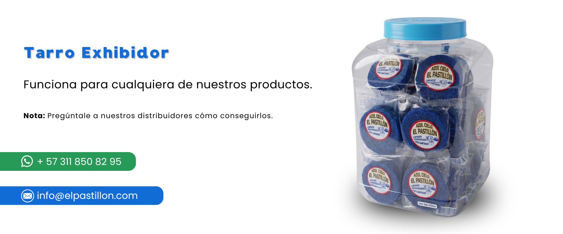 Tarro exhibidor de pastillas sanitarias El Pastillón para puntos de venta y distribuidores en Bogotá.