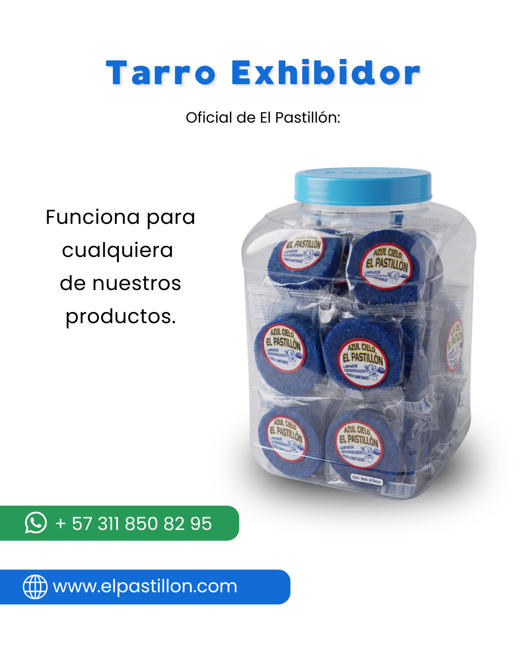 Tarro exhibidor de pastillas sanitarias El Pastillón para puntos de venta y distribuidores en Bogotá.