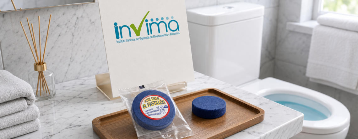 El Pastillón Azul Cielo y su certificación INVIMA, demostrando estándares de calidad, seguridad y eficacia en la limpieza sanitaria.