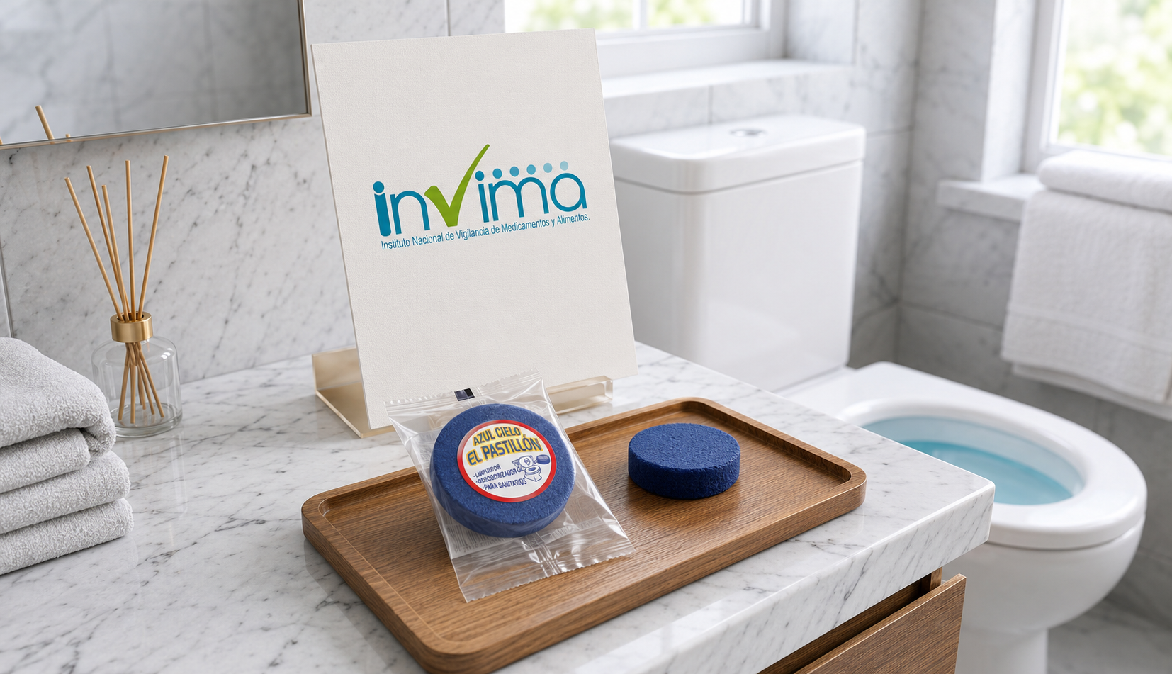 El Pastillón Azul Cielo y su certificación INVIMA, demostrando estándares de calidad, seguridad y eficacia en la limpieza sanitaria.