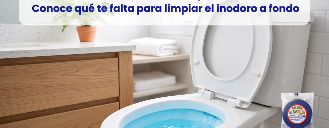 Inodoro reluciente con agua azul cielo tras usar productos para limpiar la tasa del baño y eliminar malos olores.