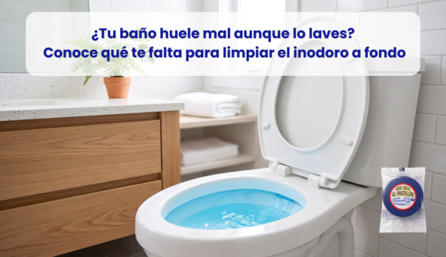 Inodoro reluciente con agua azul cielo tras usar productos para limpiar la tasa del baño y eliminar malos olores.